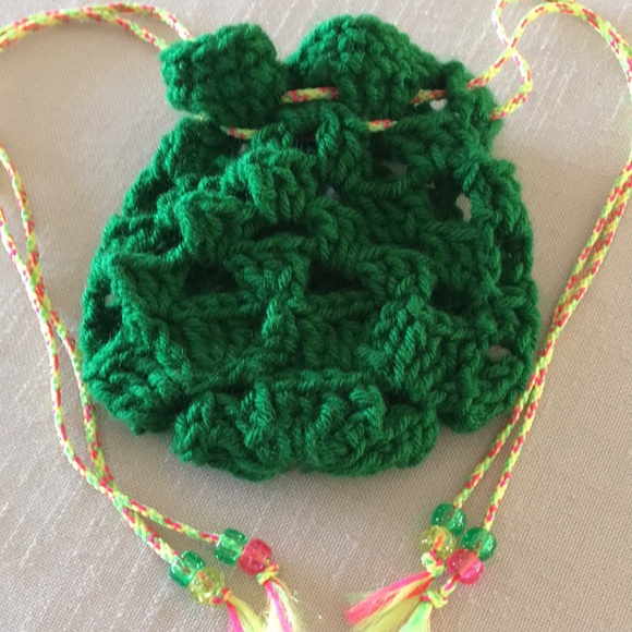 Hand Crafted Shamrock Bag Green Crochet with Yellow Drawstrings - Picture 8 of 9